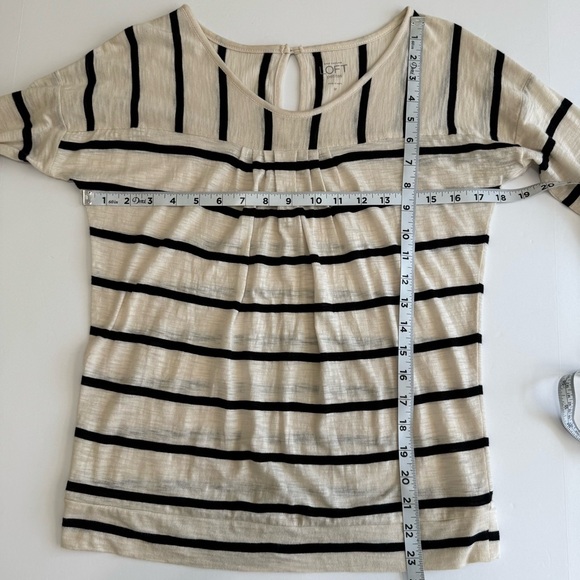 LOFT Petites SP Beige Black Stripe 3/4 Sleeve Knit Top Keyhole Back - Picture 8 of 13
